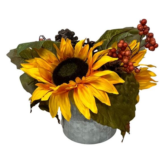 Artificial Sunflower Floral Bouquet in Round Vase Metal Vase Table Decor - Picture 1 of 5